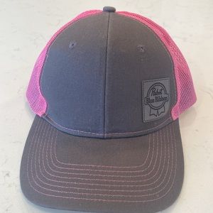 Pabst Blue Ribbon baseball hat.Pink and gray with mesh and snap back adjustable.